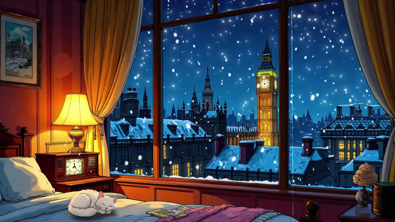 Vintage 1940s Winter Night: Cozy Attic Jazz & Snowflakes 🎄 Oldies Music Echoing From Another Room.