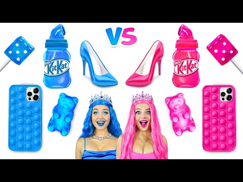 Pink VS Blue Food Challenge | Blowing One Color Bubble Gum For 24 HRS | Epic Girls War by RATATA