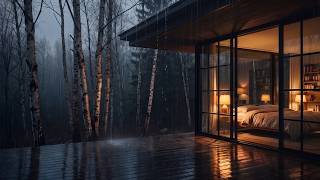 Heavy Rain at the Birch Cabin 🌙 | Rain Sounds for Deep Sleep