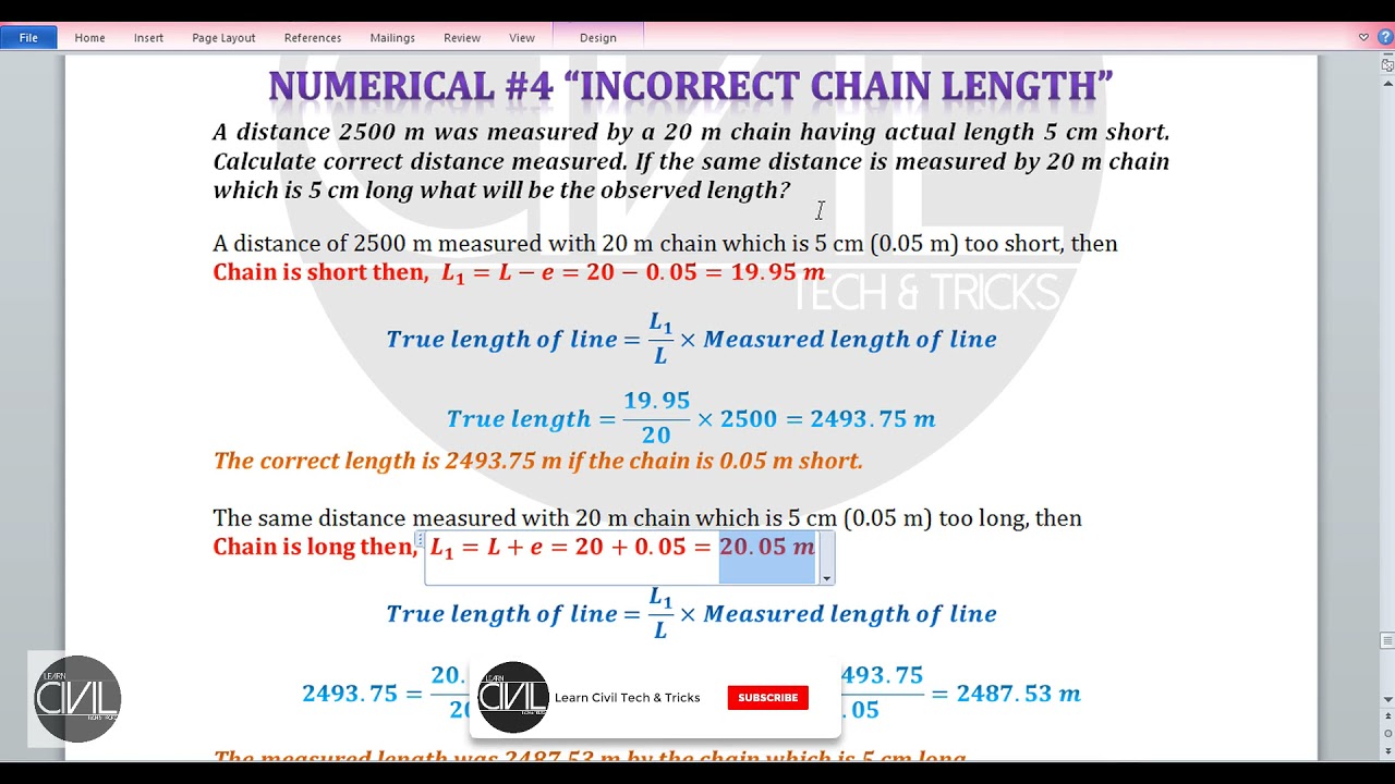 True length calculation with different incorrect chains in chain surveying | Numerical Solution