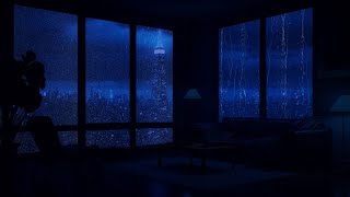 Rainy Night Bliss: Relaxing in a Living Room Oasis with City Lights and Raindrops