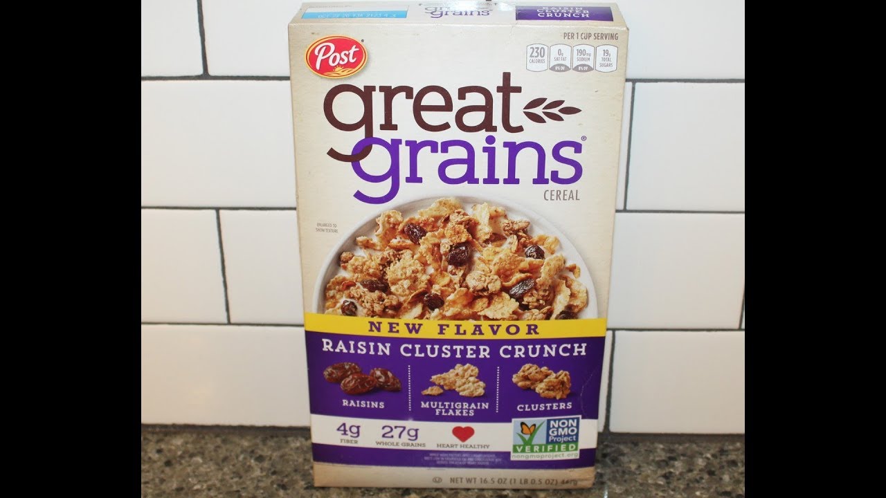 Post Great Grains Cereal: Raisin Cluster Crunch Review - YouTube