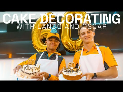 YouTube thumbnail: Lando Norris And Oscar Piastri Attempt Cake Decorating! Celebrating Our 60th Birthday!