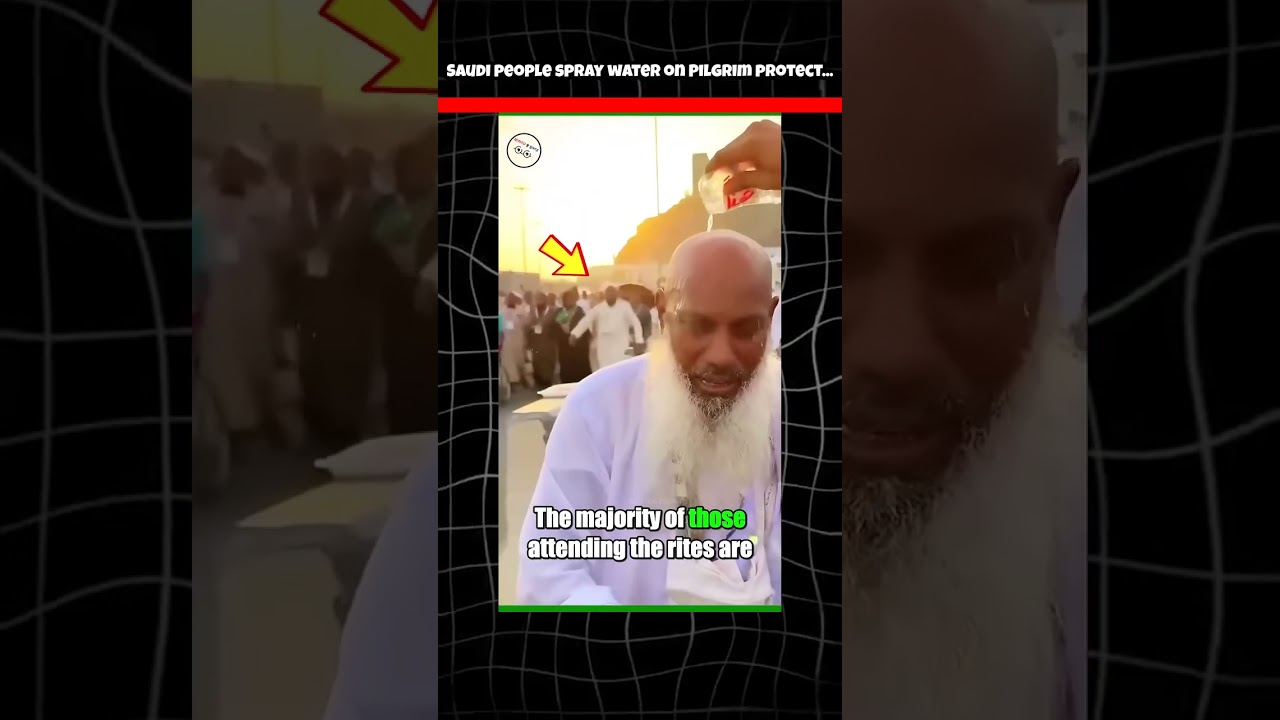 Saudi people spray water on Pilgrim protect for hot weather 