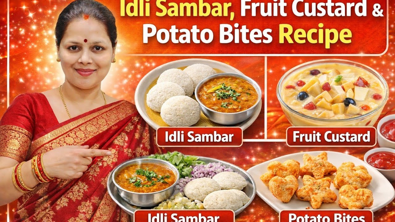 “3 Recipes in 1 Video | Idli Sambar, Custard & Crispy Potato Bites 😋”