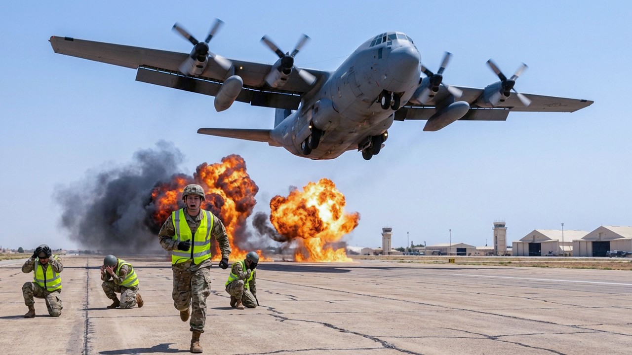 Экстренный взлет! Момент взлета американского C-130J на полной скорости