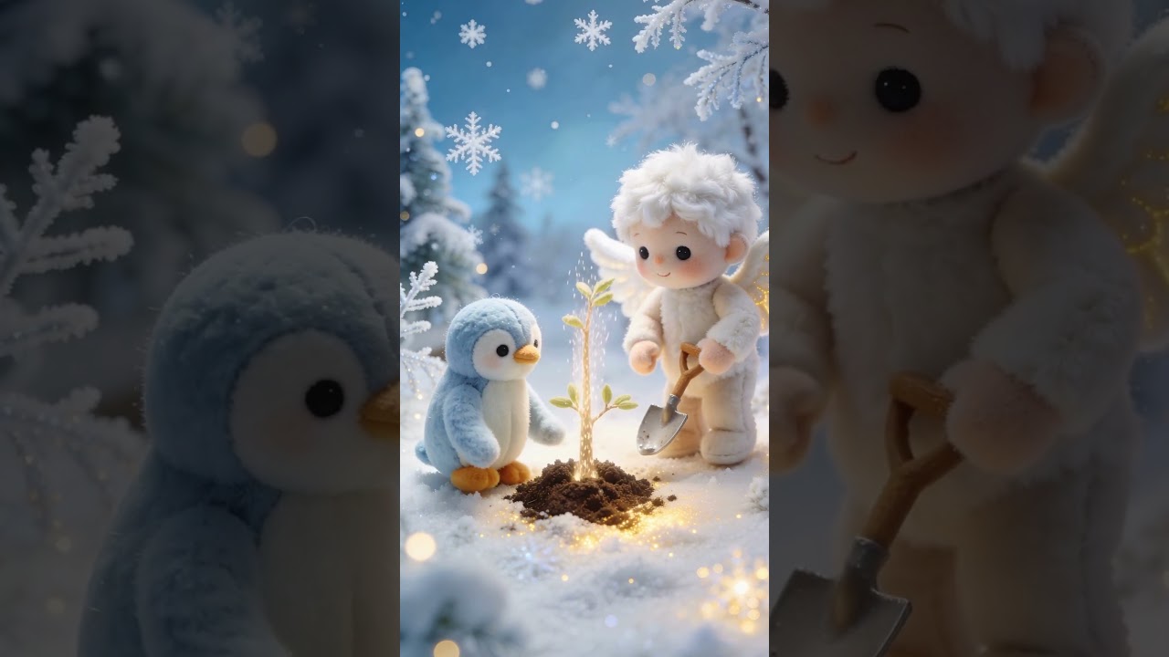 "🌳 Magic Moment: Cute AI-Generated Baby Angel and Penguin Plant a Tree Together! Watch It Grow! ✨"