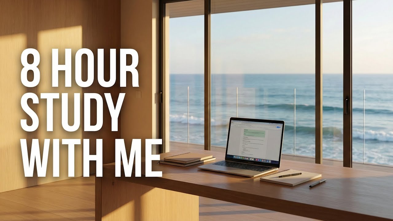 8 Hour Study With Me 🌊 Ocean View Study Room | Calm Waves Ambience for Deep Focus & Productivity