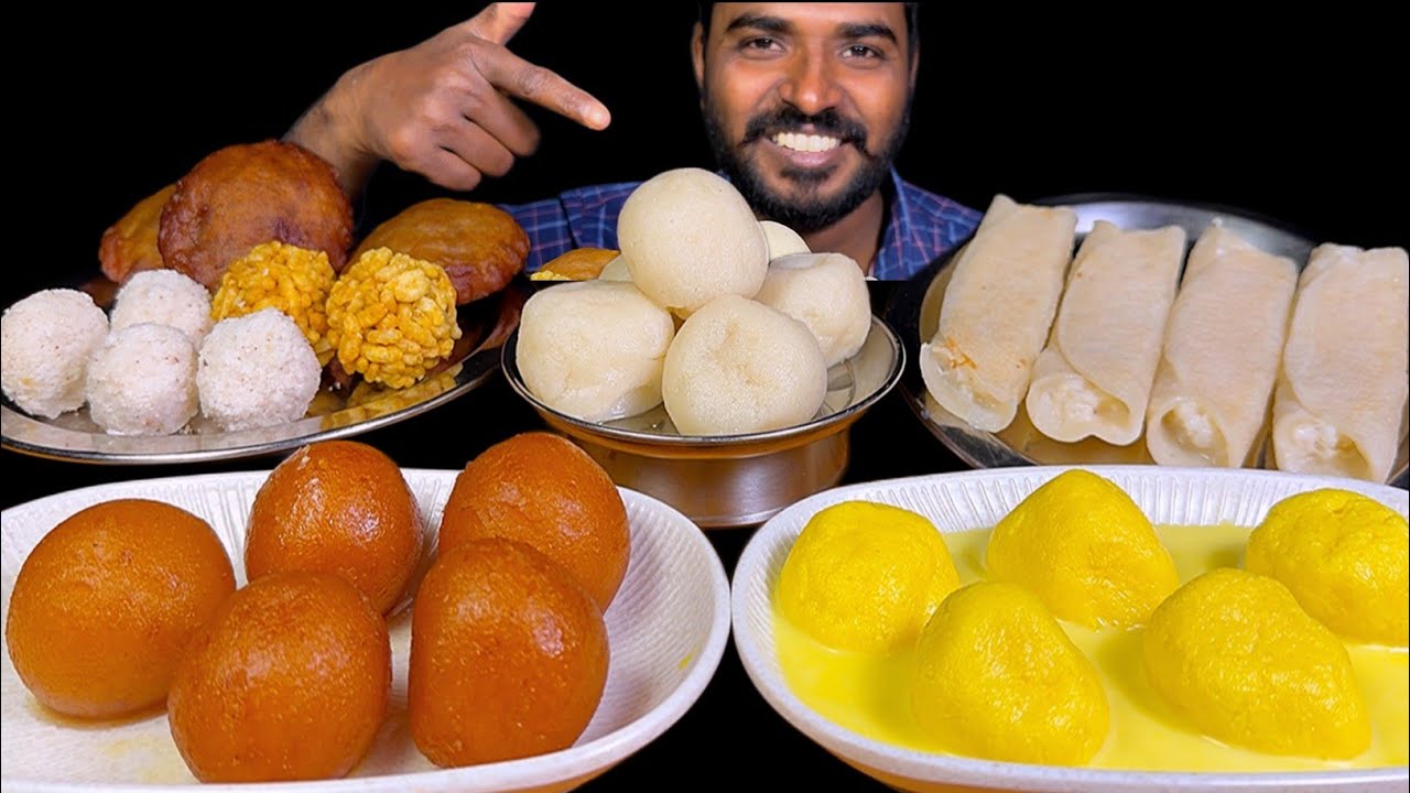 Eating Indian Dessert Rasgulla Gulab Jamun Rasmali Coconut Laddu Muri Laddu & Pitha Mukbang 