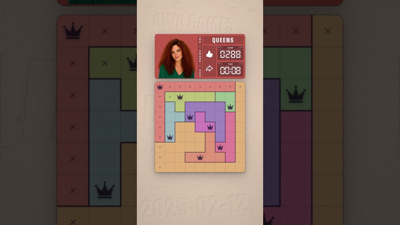 LinkedIn Queens #288 solved board for February 12, 2025, 9x9 grid