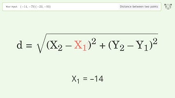 Find the distance between two points p1 (-14,-79) and p2 (-23,-93): Step-by-Step Video Solution