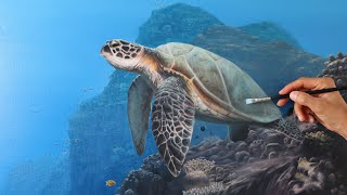 Underwater scene painting tutorial - how to paint a sea turtle, a reef and lots of details