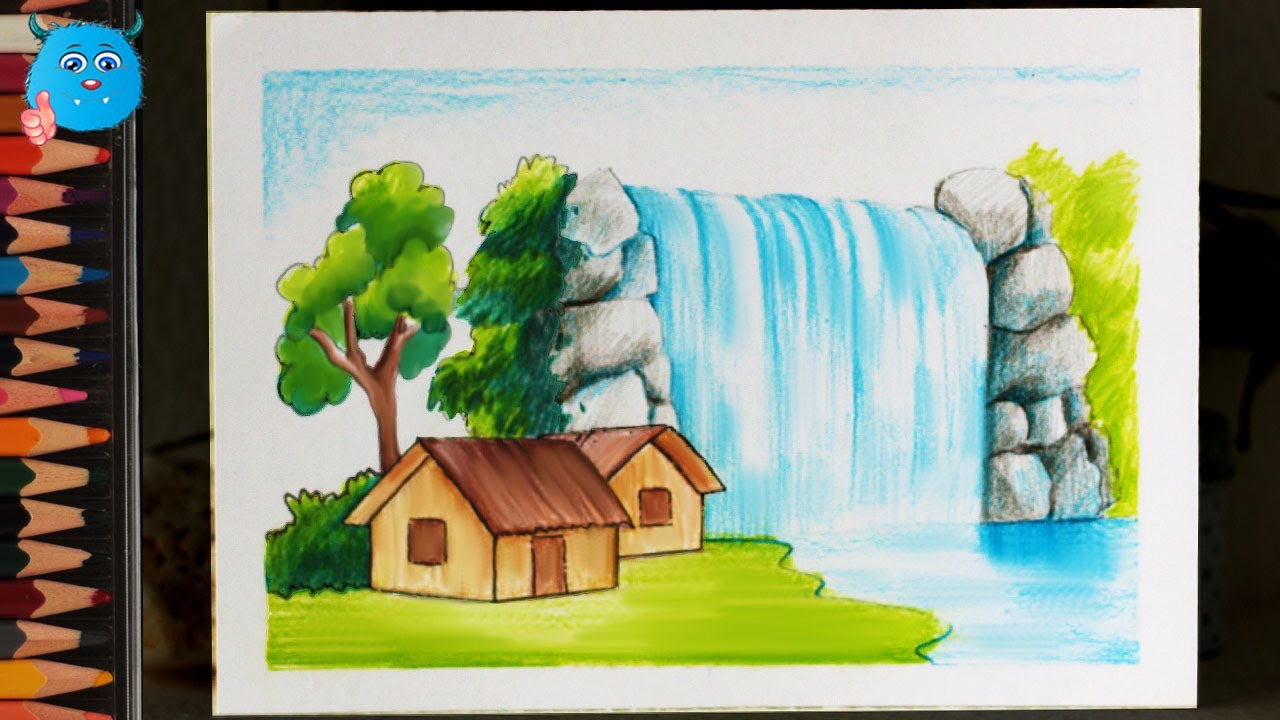 How to Draw Nature Scenery of Waterfall Drawing for Beginners Very ...