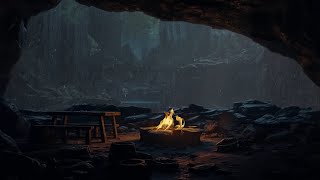 Hiding from Rain and Thunderstorm in Cave Fireplace Sounds for 12 hours,Sleep, Study, Relax