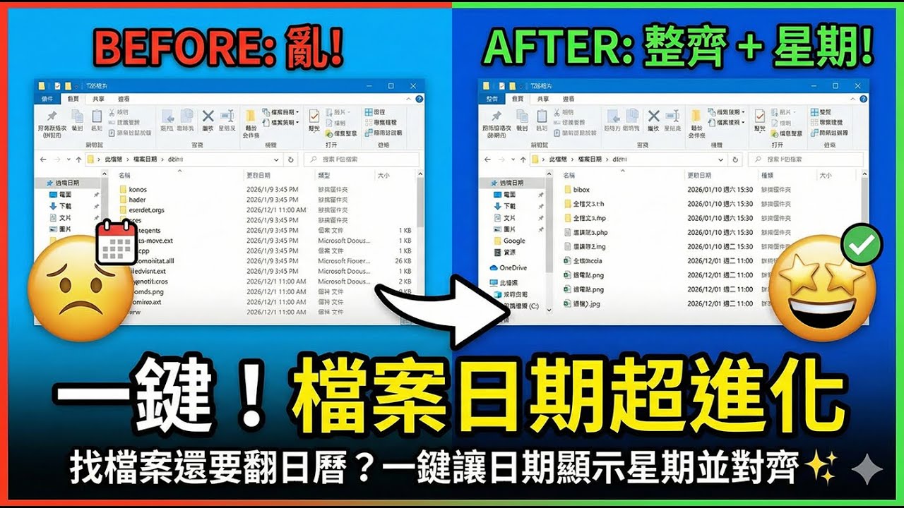 😣 找檔案還要翻日曆 一鍵讓日期顯示星期並對齊 ✨