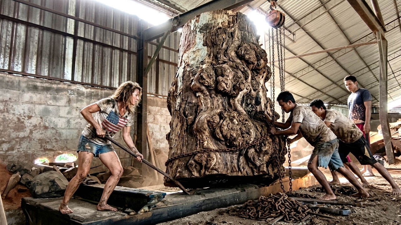 CRAZY WOOD SAWING JOB 😱 Cutting a Large, Flat Trembesi Tree Trunk🌲 ...