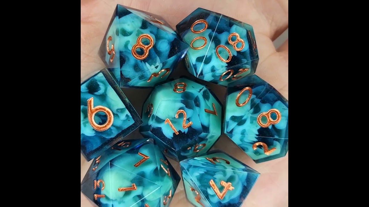 Dnd dice set blue spirit and magenta numbers for Dungeons and Dragons on www.DiceAndGame.com