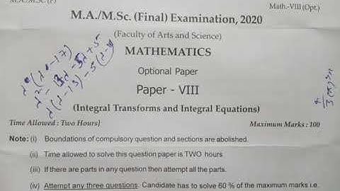 Integral Transforms and Integral Equations 2020 | M.Sc Final | RRBMU | Previous Years Question Paper