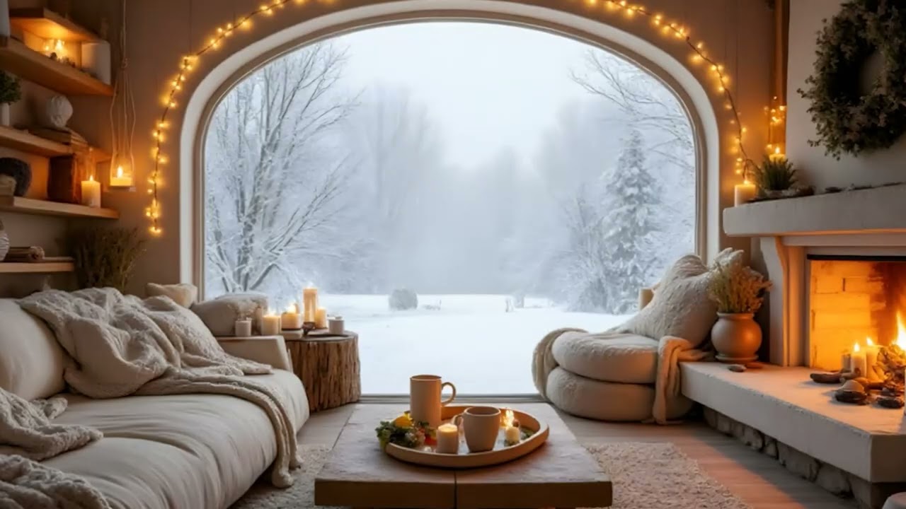 Snowy Winter Cabin Fireplace Ambience for Relaxation, Study, Sleep, and Cozy Evening Atmosphere