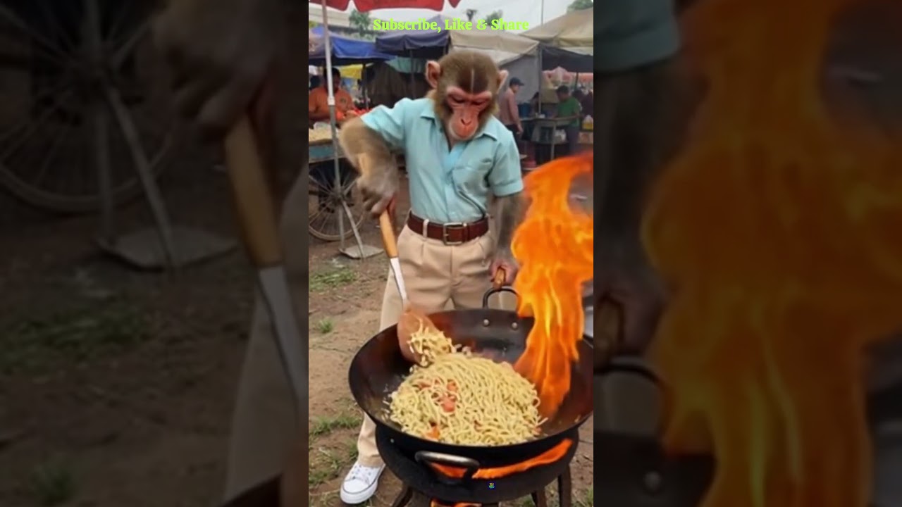 Monkey Cooking Noddles!🤗