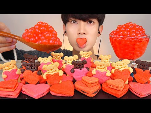 ASMR MUKBANG 하트곰 쿠키 팝핑보바 먹방 💗 HEART POPPING BOBA BEAR COOKIE EATING SOUNDS Hati ハート قلب