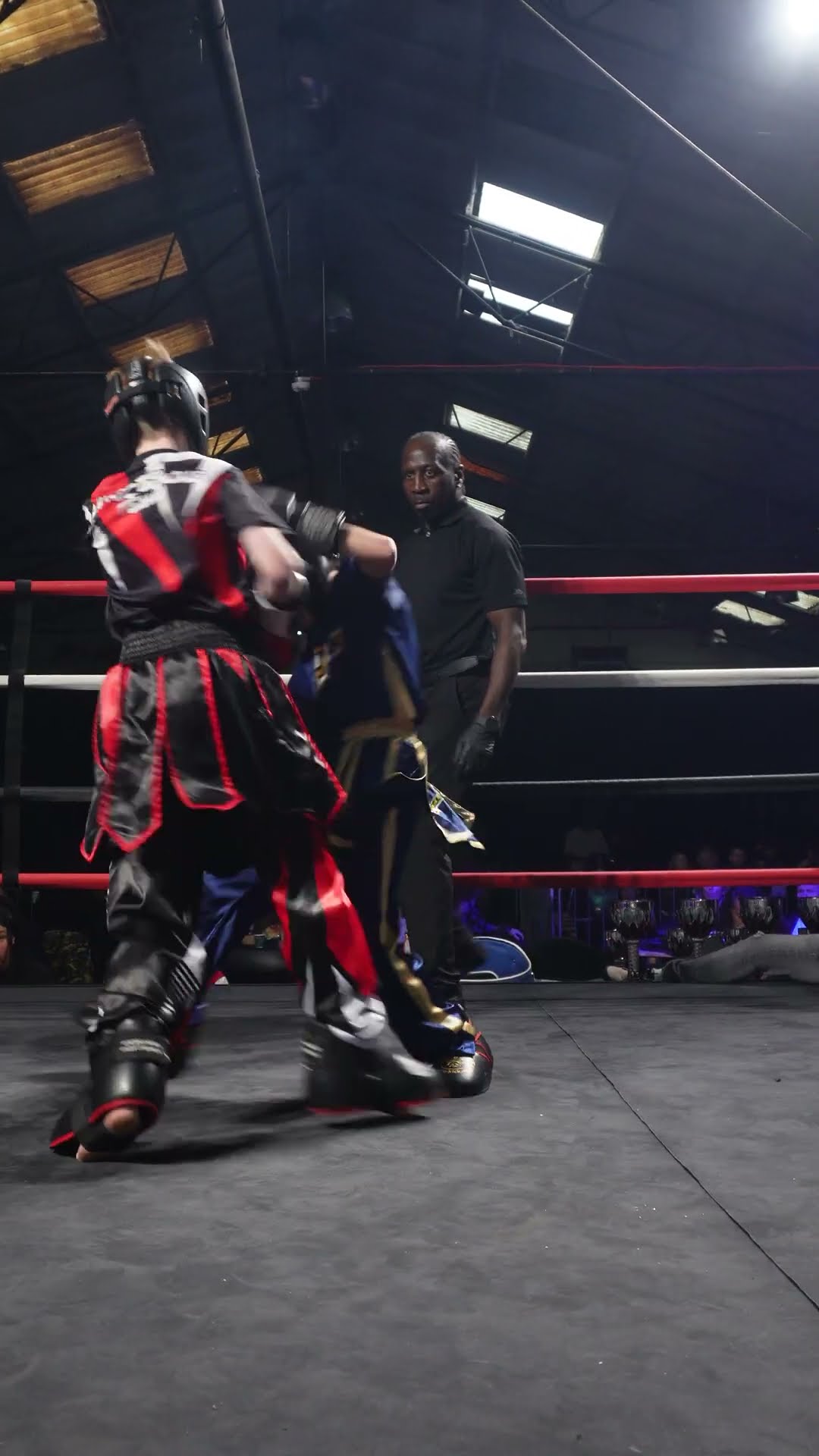 Young kickboxers putting on a quality display of fighting action.