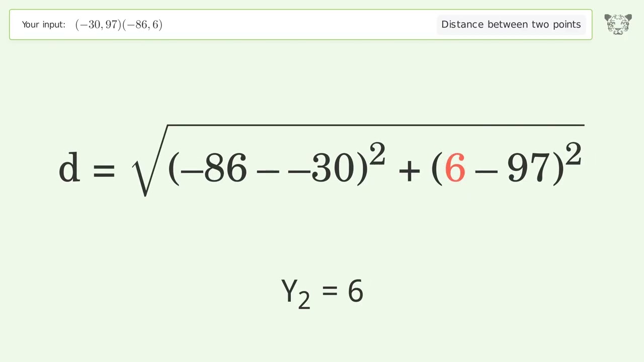 Find the distance between two points p1 (-30,97) and p2 (-86,6): Step-by-Step Video Solution