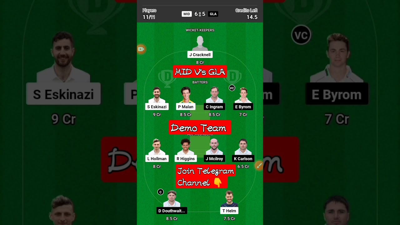 MID V's GLA Dream 11 GL Prediction Match 🥰