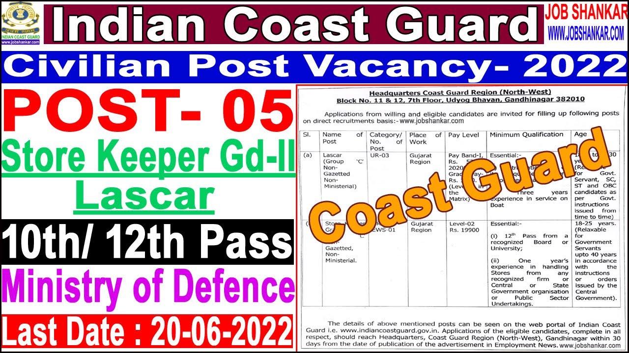 Indian Coast Guard Store Keeper & Lascar Recruitment 2022 Coast