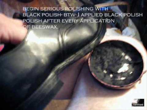 polishing boots with beeswax