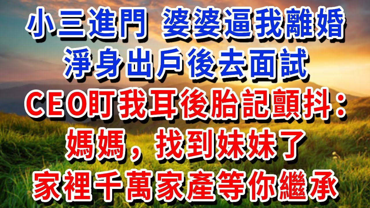 小三進門，婆婆逼我離婚，淨身出戶後去面試，CEO盯我耳後胎記顫抖：媽媽，找到妹妹了，家裡千萬家產等你繼承！#書婷講故事 #為人處世#生活經驗#情感故事#晚年哲理#說故事#完結文