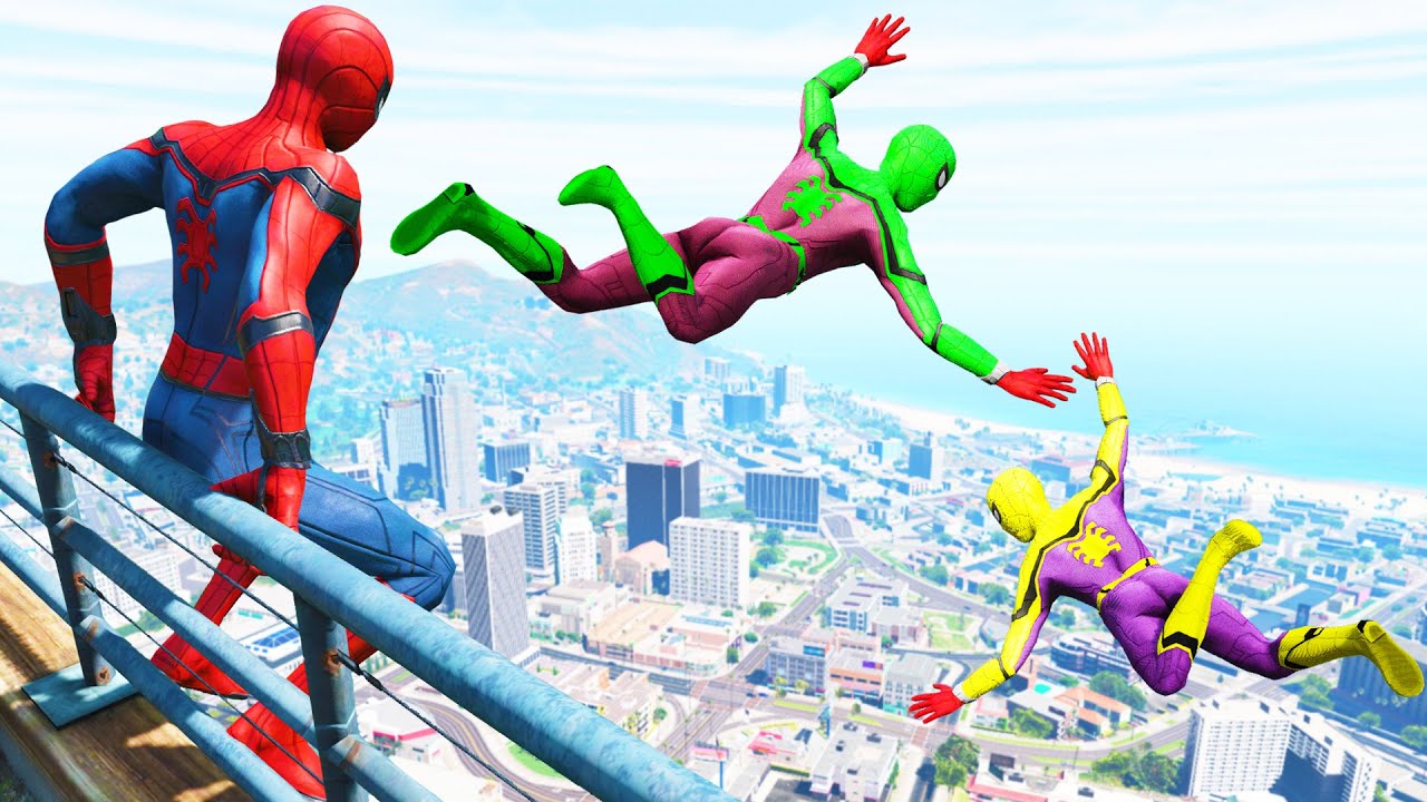 GTA 5 Rainbow Spiderman Jumping Off Highest Buildings (Euphoria Physics ...