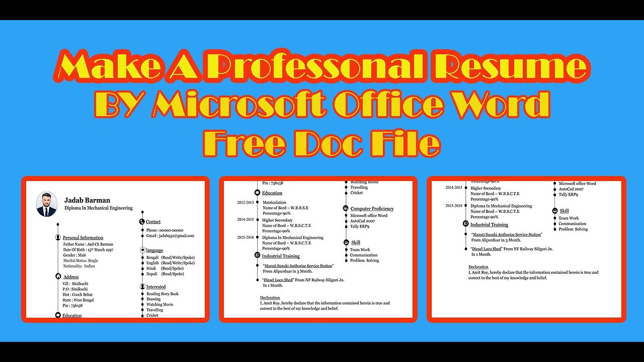 A Professional Resume | Make by Microsoft Office Word | Free Doc File | MJ Digital Works