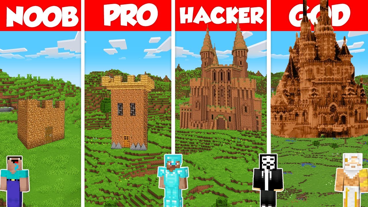Dirt Castle Build Battle Challenge - Noob vs Pro vs Hacker vs God - Minecraft Animation