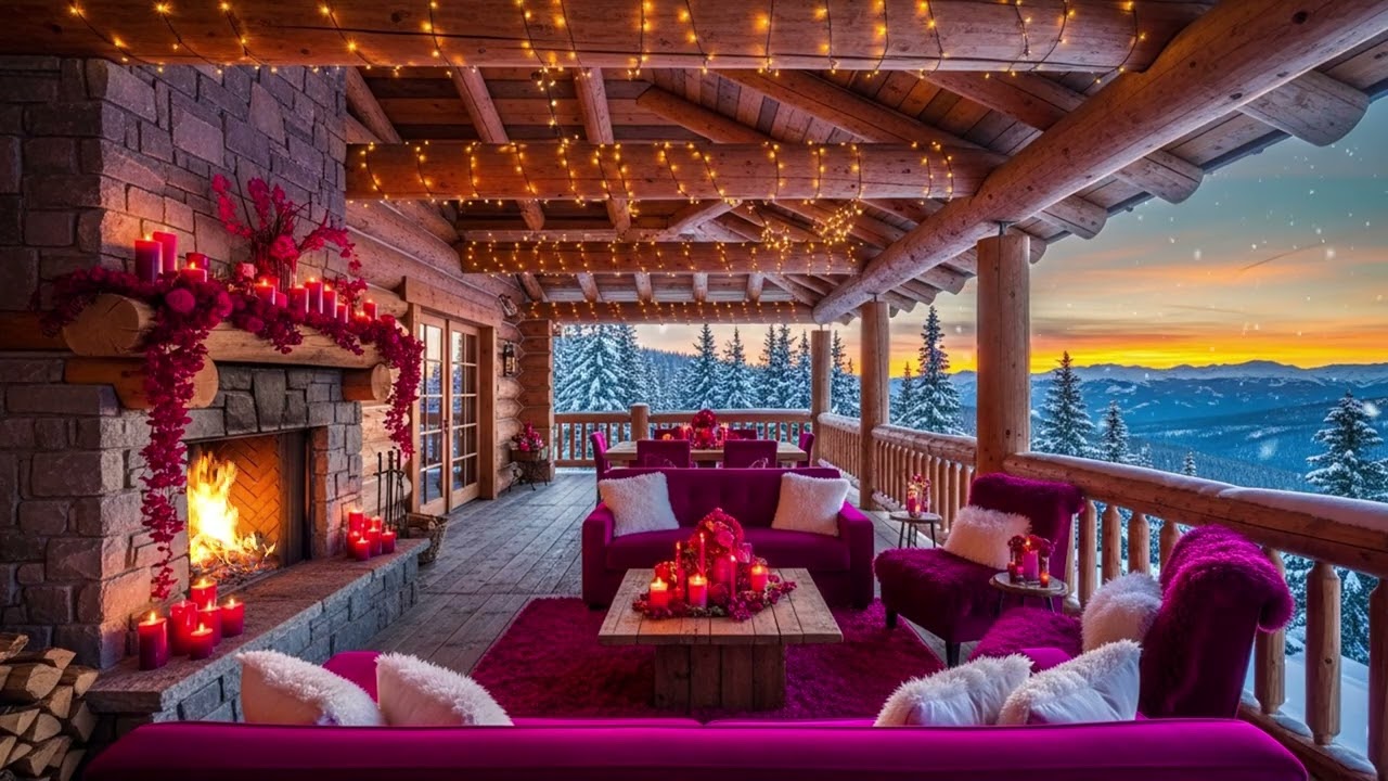 Glacial Horizon Sunrise ☀️ | Mountain Cabin Atmosphere with Crackling Fireplace Glow