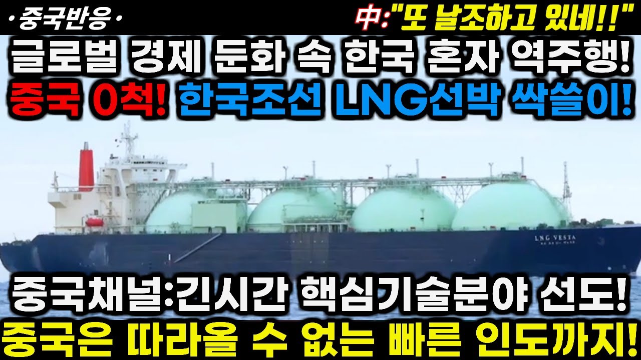 |중국반응|세계 경제 둔화 속 한국 혼자 역주행! 중국 0척! 한국 조선 LNG선박 싹쓸이! 중국채널: 기술 선도와 중국은 못 따라할 빠른 인도까지!