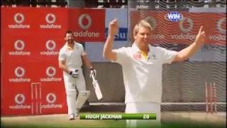 Hugh Jackman hits Shane Warne for a HUGE SIX.