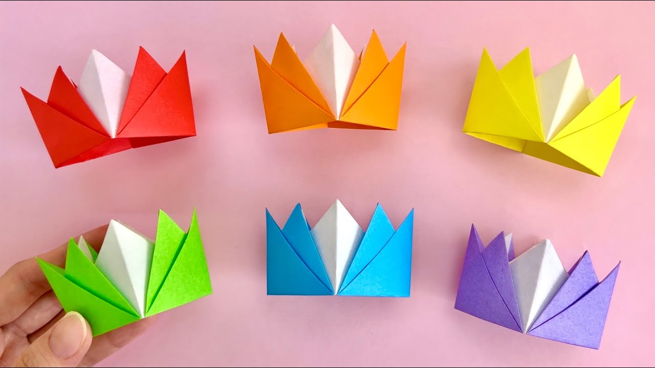 折り紙1枚だけ！王冠の作り方 (ハサミのり不要) Origami Crown Paper Craft DIY 종이접기 왕관 折纸 簡単 可愛い الأوريغامي