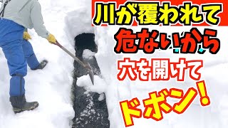 2023-01-14 水路を掘り出す！全部雪で覆われて危険だから吉鉄でドボン。