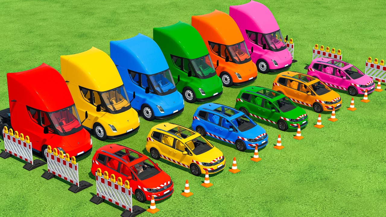 Polic Car Vs Electric Tesla Truck Of All Colors Transport In Fs22 | Farming Simulator 22 