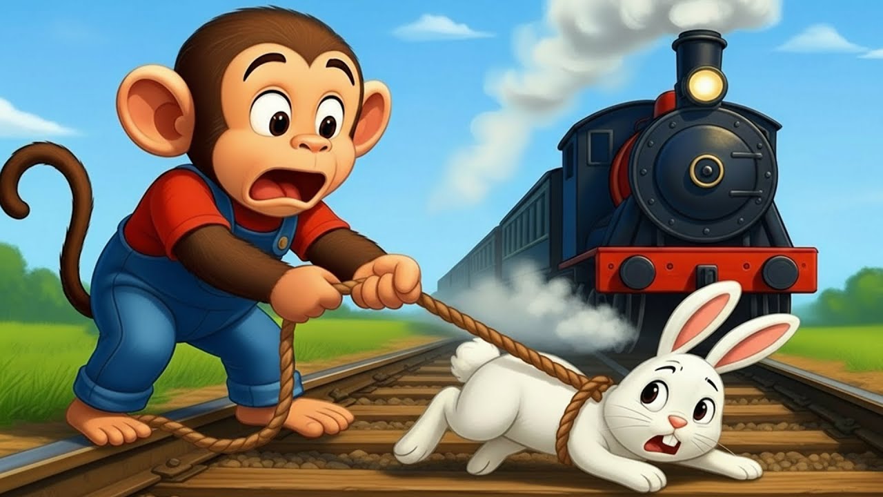 Farm Work: Rabbit Trapped on Train Tracks, Kind Monkey Farmer Rescues Rabbit