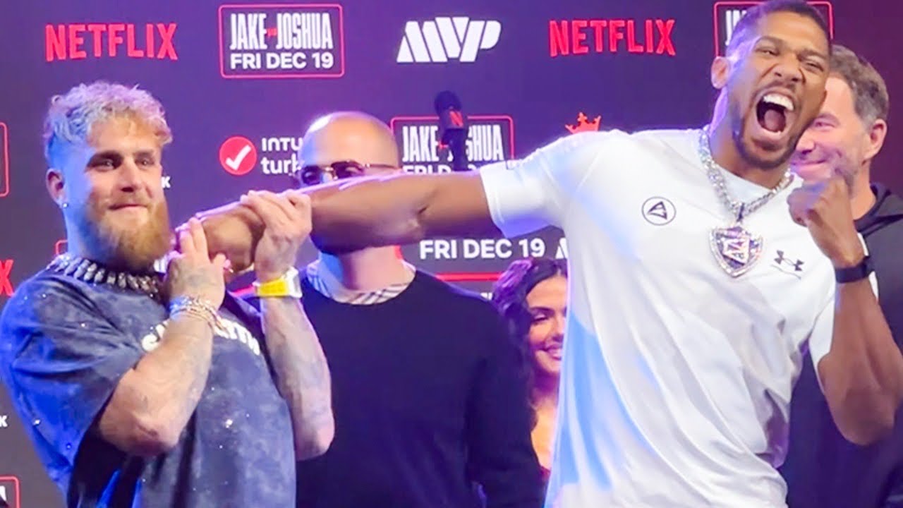 Anthony Joshua PUTS HANDS ON Jake Paul during WILD Face Off — GOTCHA CHAIN!