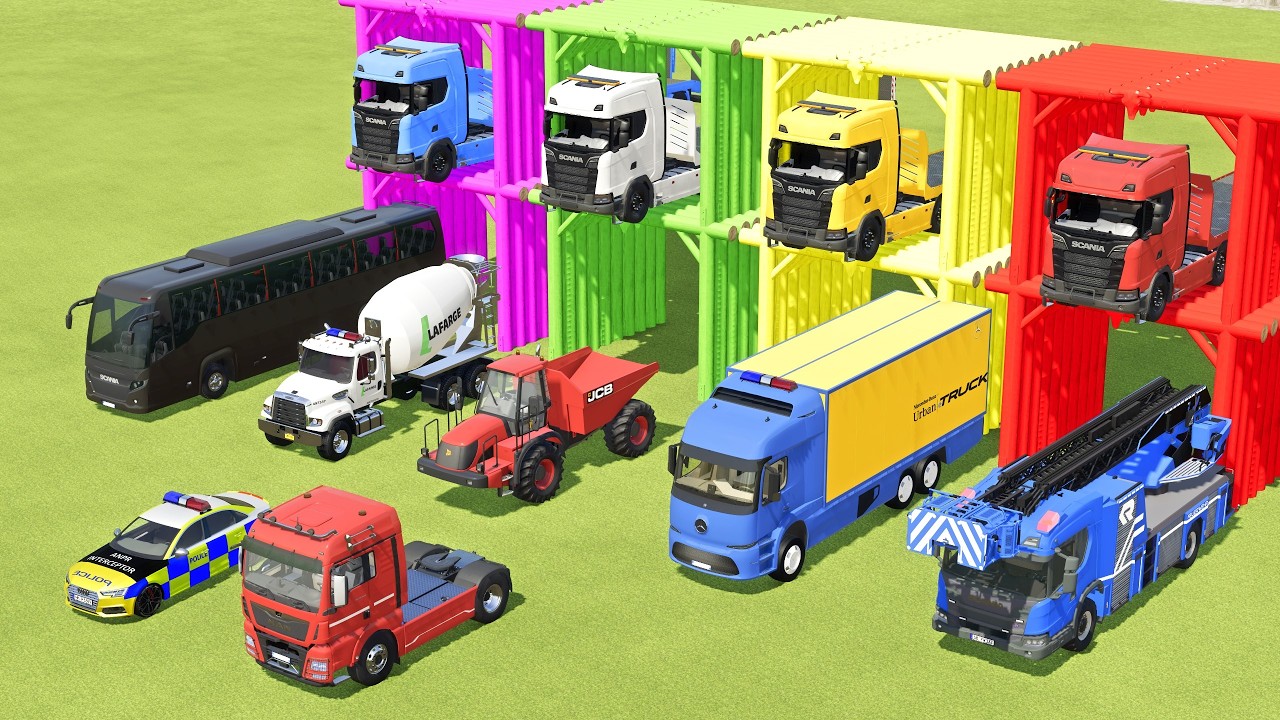 TRANSPORTING BUS, DUMP TRUCK, MIXER CEMENT TRUCK, BOX TRUCK, SCANIA BUS , FIRE TRUCK -  FS22