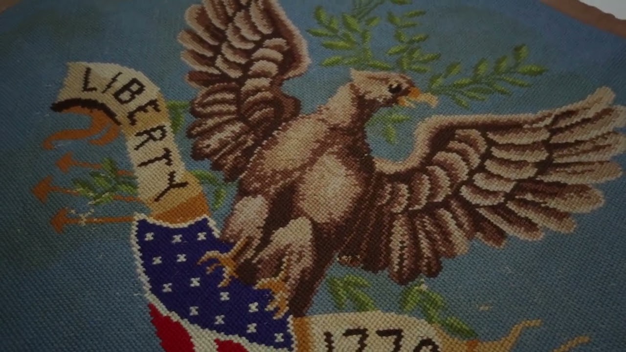 Signed Vintage American Needlepoint Rug in Blue with Pictorial - Rug & Kilim - 15730