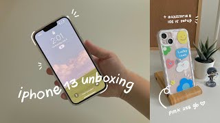 iphone 13 pink aesthetic unboxing  cute accessories + ios 15 setup