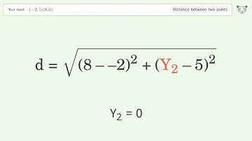Find the distance between two points p1 (-2,5) and p2 (8,0): Step-by-Step Video Solution