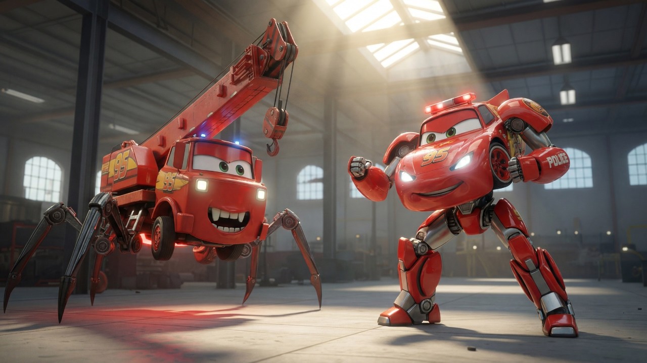 Police Lightning McQueen vs Monster Crane Beast: Epic Thunder Valley Rescue