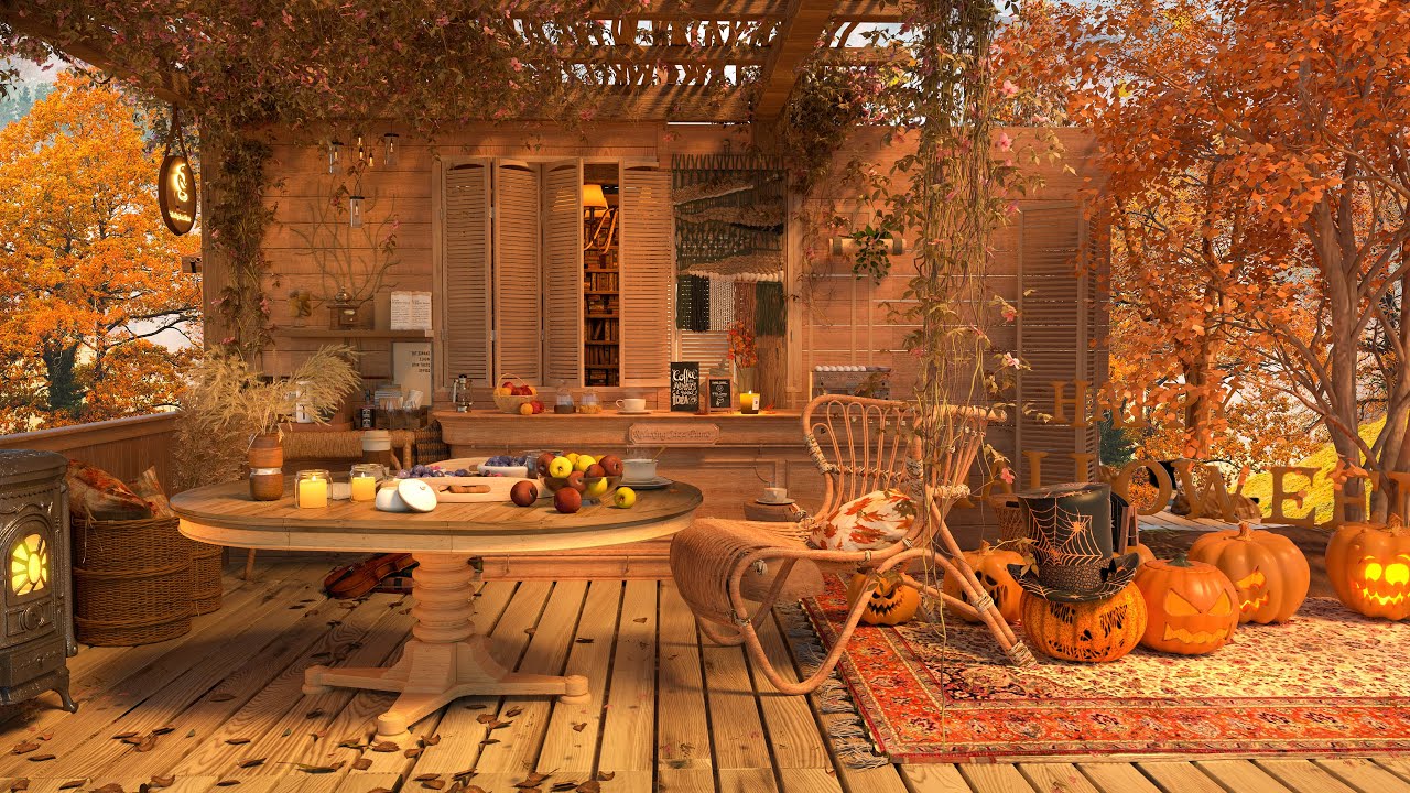 4K Pumpkin Glow Ambience at Cozy Coffee Shop 🎃 Smooth Jazz Music to Relax/Study/Work to