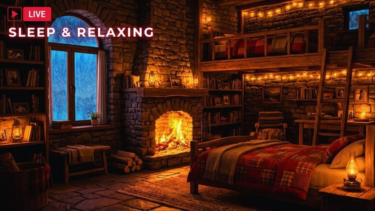 Winter Cabin Retreat - Crackling Fire & Blizzard Sounds for Deep Sleep