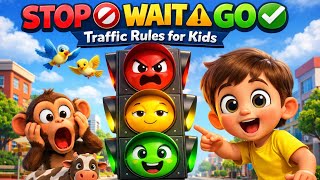 Traffic Light Rules for Kids 🚦 | Stop Wait Go Song | 3D Cartoon with Animals 🐒🐄